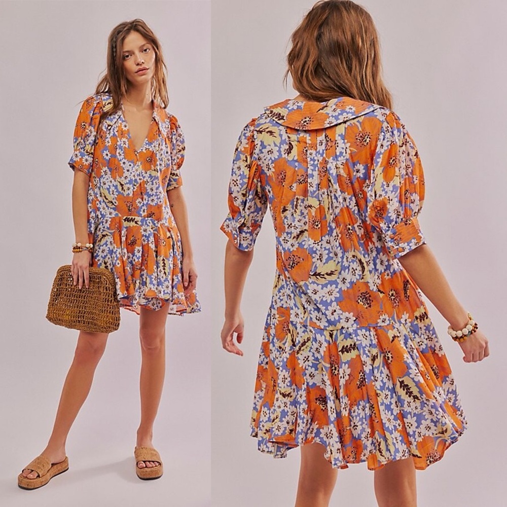 Free People Floral Mini Dress - Orange and Blue